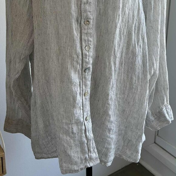 Jones New York Ivory-Black 100% Linen Stripe V-Neck Shirt with Roll Tabs – US 2X - Picture 3 of 12